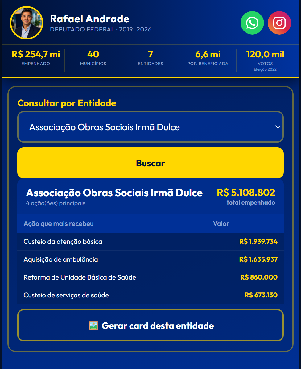 Consulta por entidade: total e ações que mais receberam recursos